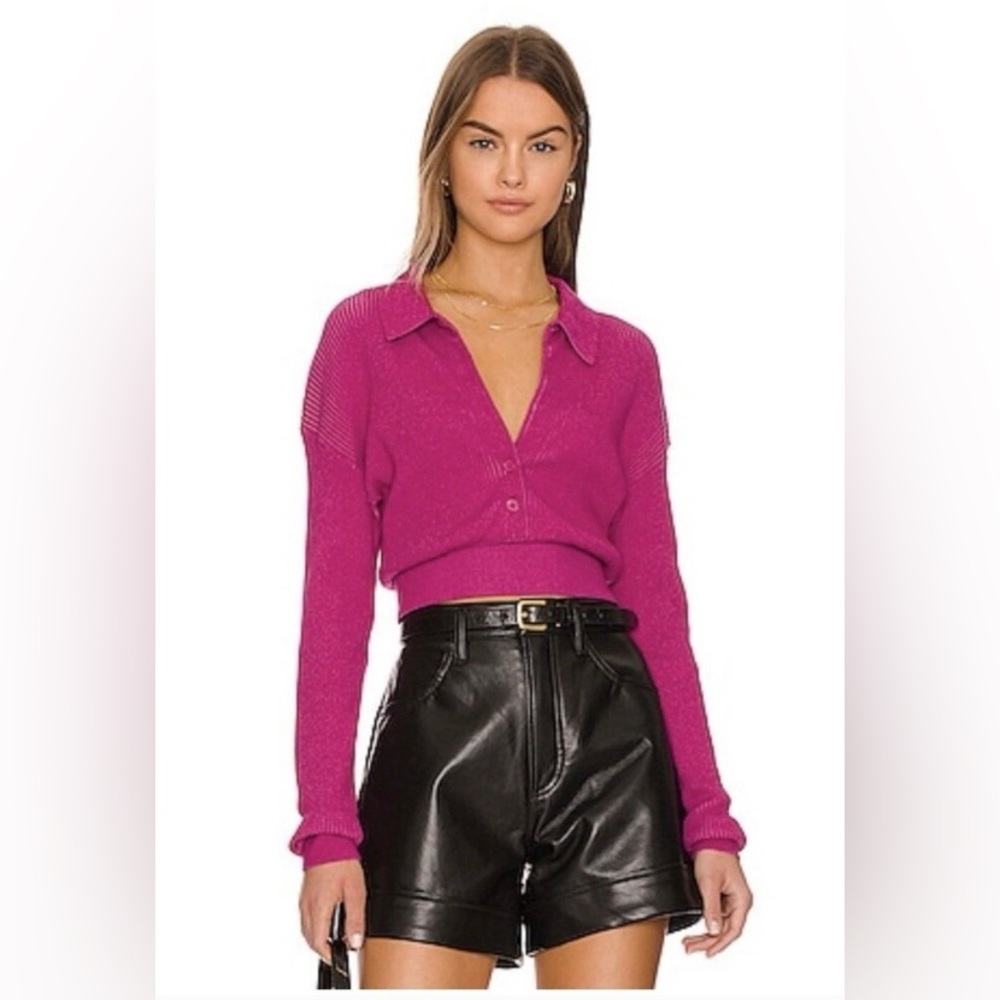 Monrow Magenta V Neck Ribbed Cropped Sweater